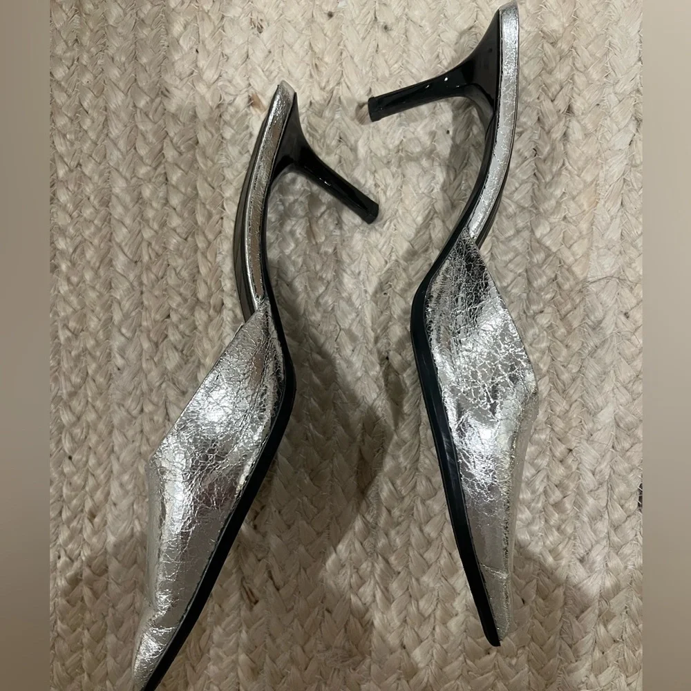 Zara Metallic Silver Pointed-Toe Women’s Kitten Heels - Picture 3 of 5